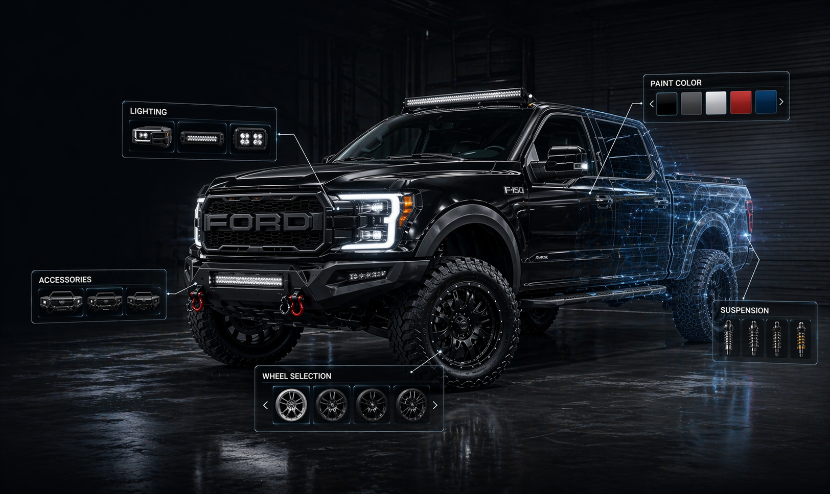 Black Ford truck with various accessories highlighted on a dark background