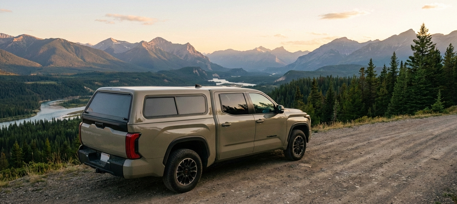 Beige truck with truck topper parked on a dirt road with mountains and trees in the background